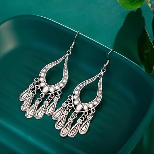 Vintage Silver Color Earrings For Women Kolczyki Retro Bohemian Flower Tassel Alloy Earrings Bijoux