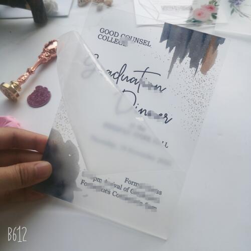 Free shipping 2019 hot sale custom personalized printing with purple flower clear acrylic wedding invitation card,box with logo