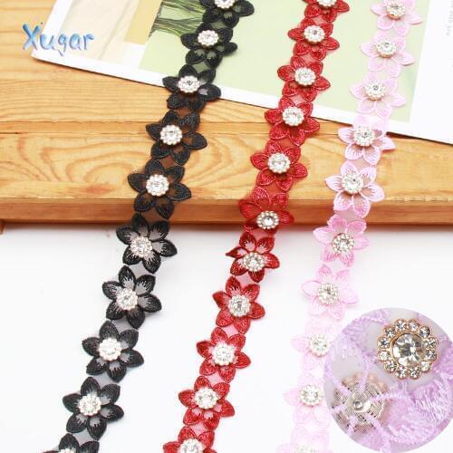 Xugar 1yard Flowers Appliques Ribbon Flowers with Diamond Lace for DIY Clothes Women Hair Accessories Curtain Home Texteil Decor