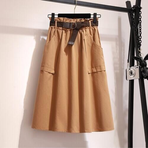 100% Cotton Midi Skirt Women With Belt 2020 Summer Korean Blue Single-breasted High Waist Sun School Skirt Female