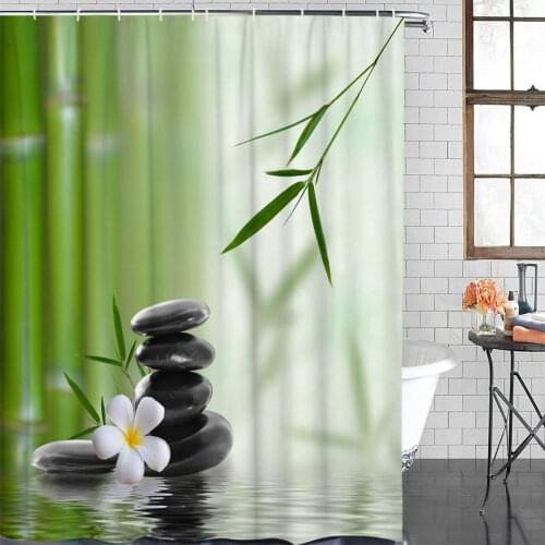 Bamboo Petals Stone Shower Curtain Polyester Fabric Bathroom Home Decor Waterproof Shower Curtains with Hooks