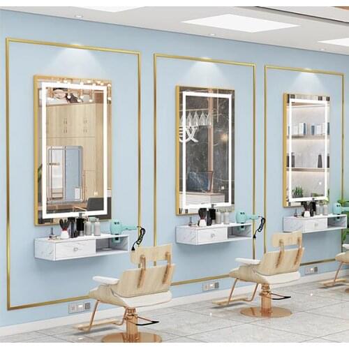 Barber shop mirror hair salon special integrated cabinet marble wall mirror LED light net red hairdressing single side mirror