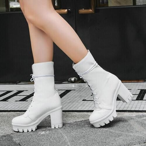 Platform Thick High Heel Women Ankle Boots Fashion Cross Tied Women Short Boots Autumn Winter Women Riding Boots Big Size 34-43