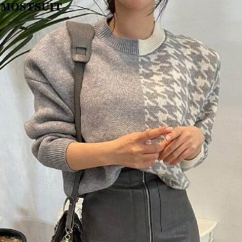 Vintage Houndstooth Knitted Sweater Tops Women Full Sleeve O-neck Patchwork Pullover Korean Elegant Fashion Ladies Jumpers 2021