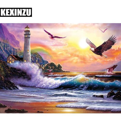Diamond painting full drill resin square-Seaside lighthouse-diy Cross stitch handcraft work Diamond embroidery Mosaic decoration