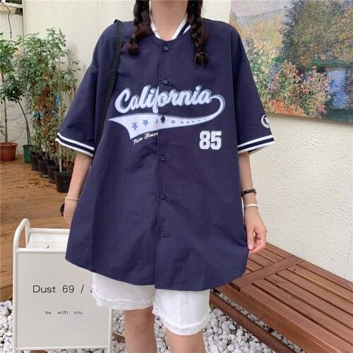 American Vintage Letter Print V Neck Button Up Shirts Women Men Baseball Uniform Short Sleeve New Casual Shirt Summer Outerwear