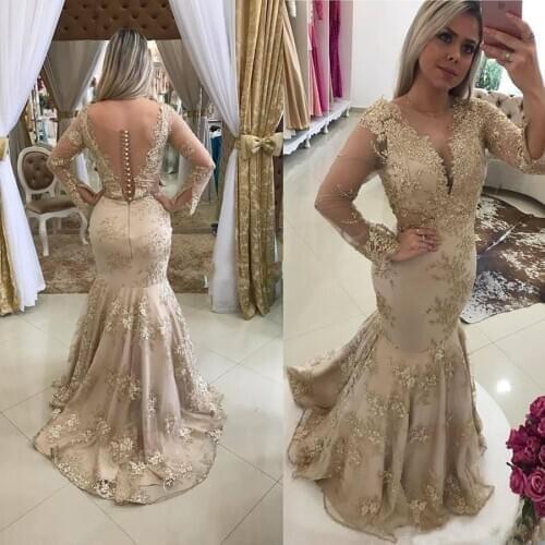 Arabic O-neck Beaded Applique Lace Mermaid Evening Dresses Long Sleeve Sweep Train Prom Dress 2020 Formal Evening Gown