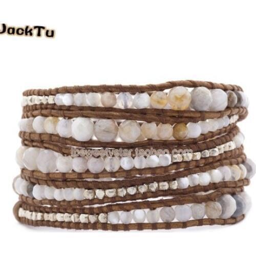 Free Shipping African Opal Graduated Wrap Bracelet with Nuggets on Natural Brown Leather