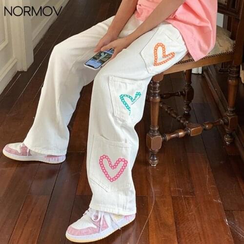NORMOV White Pants Women High Waist Loose Love Print Straight Pants Harajuku Pockets Fashion Casual Streetwear Wide Leg Trousers