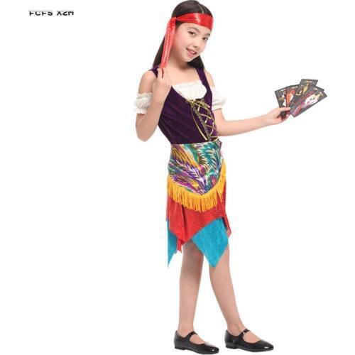 Girls Gypsy Tarot Diviner augur Cosplays Kids Children Halloween Gypsy Costume Carnival Purim parade Stage Show Rave party dress