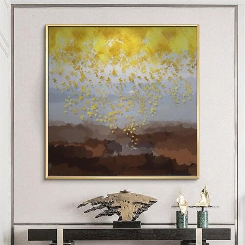 Best selling hand-painted oil painting modern abstract gold foil art golden flower brown canvas painting home decoration mural