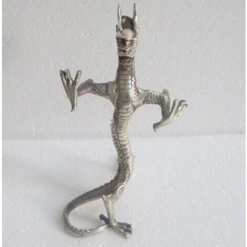 Collectible Decorated Handwork Tibet Silver Carved stand dragon statue free shipping