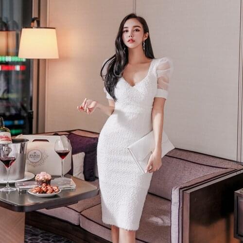 Summer Dress Elegant Vintage Sequined Women Dresses Mesh Sleeve Bodycon Bandag Office White Sundress Party Sexy Korean Clothes