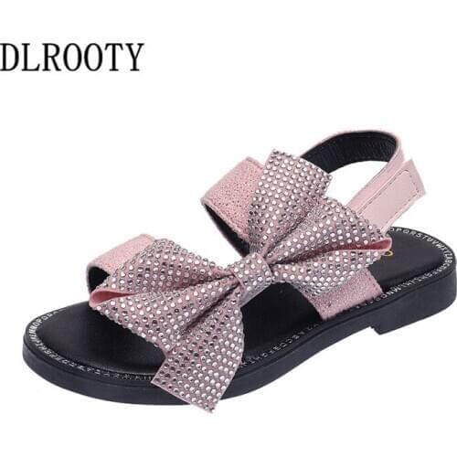 Summer Children Sandals Shoes Girls Glitter Bling Bowtie Princess Kids Party Fashion Hook & Loop Flat Gladiator Toddler Baby