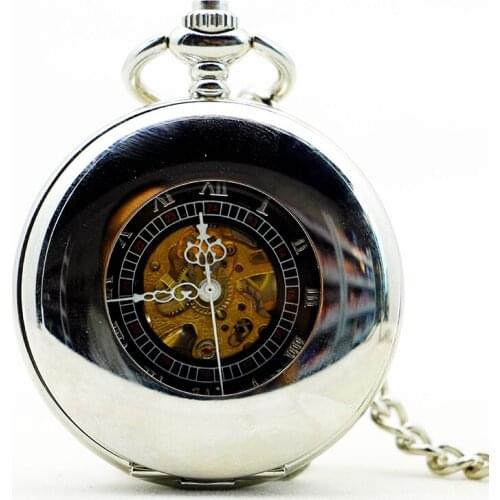 Steampunk Skeleton Dial Black Case Male Relogio De Bolso Retro Roman Numerals Chain Clock Men Mechanical Hand Wind Pocket Watch