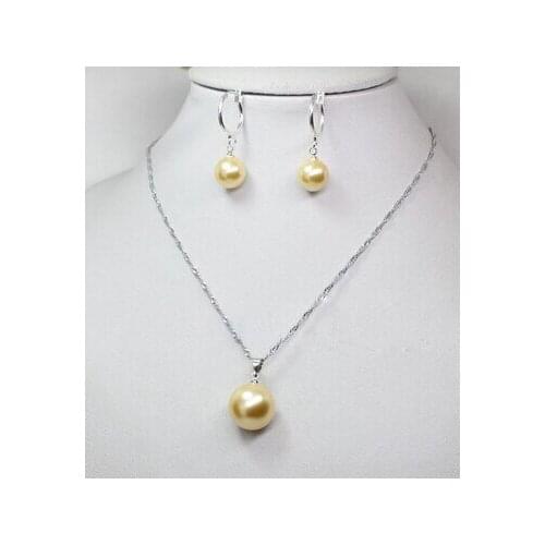 Jewelry Set hook>Rare Real Round Yellow South Sea Shell Pearl Pendant Necklace Earrings A Set 18inch real Women Fine for