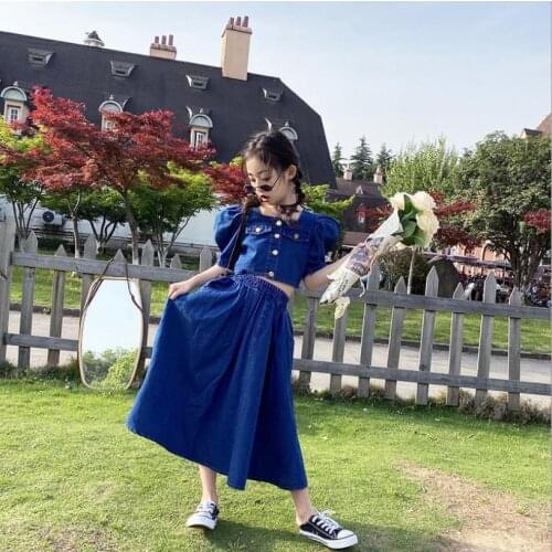 Baby girl denim tops + skirts 2pcs sets 2021 summer new short sleeve tops children skirts kid suits teenage clothing wz148
