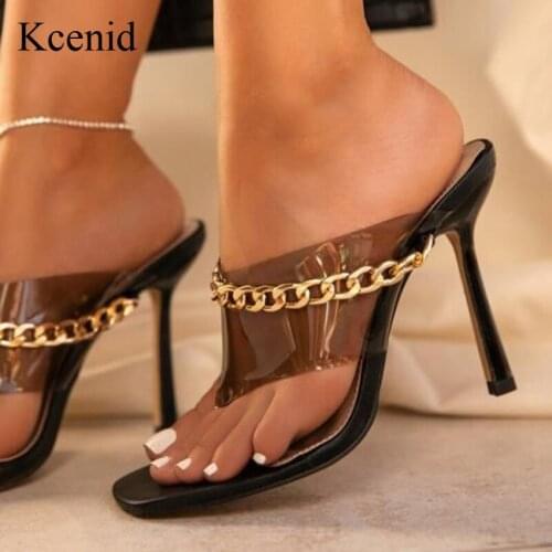 Kcenid New Summer Women Sandals Slippers Square Toe Clear PVC Transparent Flip Flops Ladies Heel Mules Female Fashion Chain Shoe