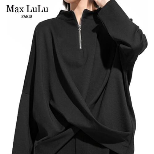 Max LuLu Korean Spring 2021 Designer Clothing Ladies Zippers Off Shoulder Tees Womens Black Long Sleeve T-shirt Girls Solid Tops