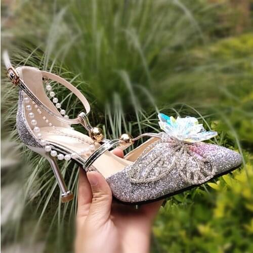 Womens Pointed Toe Rhinestones Crystal Butterfly Beads DIY Stilettos High Heel Shoes Party Wedding Bridal Sliver Sequins Bling