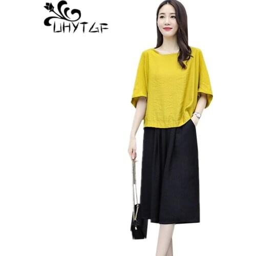 UHYTGF Women sports suit cotton linen comfortable summer two piece set short sleeve loose top+wide-leg pants plus size sets 1106