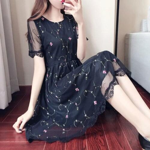 Plus Size Women Clothing 2021 Summer Fashion O-neck Printed Short Sleeve Dress Mesh Embroidery Party Dresses Vestidos Y891