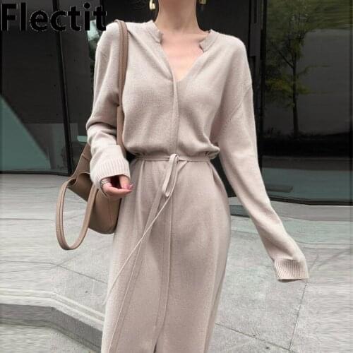 Flectit Womens Knitted Dress Tie Waist Long Sleeve V-Neck Midi Sweater Dress Laides Casual Comfy Lounge Dress