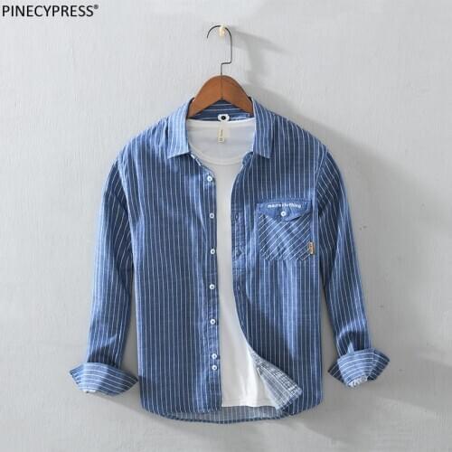 100% Cotton Anti-static Anti-pilling Quality Man Spring Summer Autumn Embroidery Stripe Long Sleeve Male Pocket Men Casual Shirt