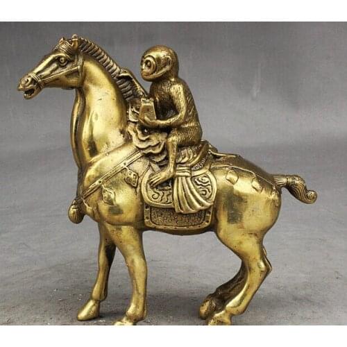 16CM BRONZE PURE BRASS GOOD VALUE LUCKY FOLK CHINA FENGSHUI BRASS MONKEY RIDE HORSE MA SHANG FENG HOU AUSPICIOUS STATUE