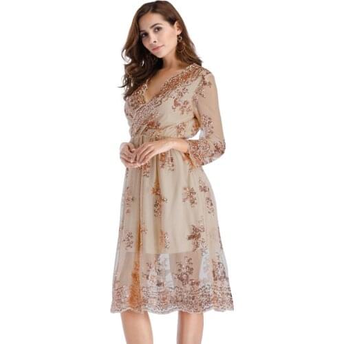 2020 Sexy Embroidered Sequin Wrap Dress Women Vestido Appliques V Neck Long Sleeve Elastic Waist Flare Mesh Midi Party Dress