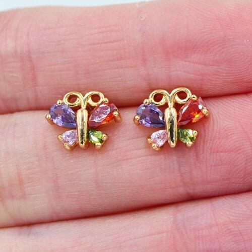 AAA+ Cubic Zirconia Gold Color Women Multicolor CZ Cute Butterfly Stud Earrings Jewelry