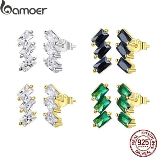 Bamoer CZ Square Stud Earrings for Women 925 Sterling Siver Fashion Ear Studs Gold Color Bijoux Fine Jewelry Accessories SCE1051