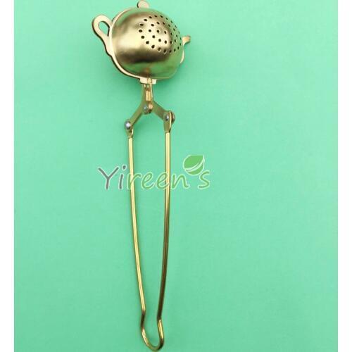 Free shipping! 10pcs Creative Stainless Steel TEA INFUSER, Golden color Tea pot shape with HANDLE, PP bag package Tea Filters