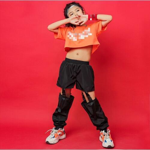 Children Hip Hop Clothing Orange Crop Tops T Shirt Hollow Causal Pants For Girl Kids Jazz Ballroom Dance Costume Clothes Wear