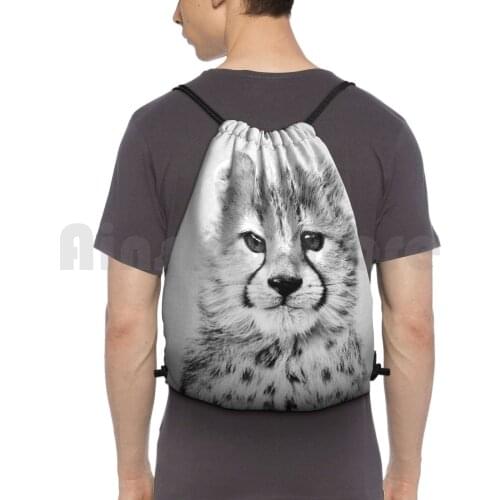Baby Cheetah-Black & White Backpack Drawstring Bag Riding Climbing Gym Bag Cheetah Cub Tiger Lion Cat Animal Animals