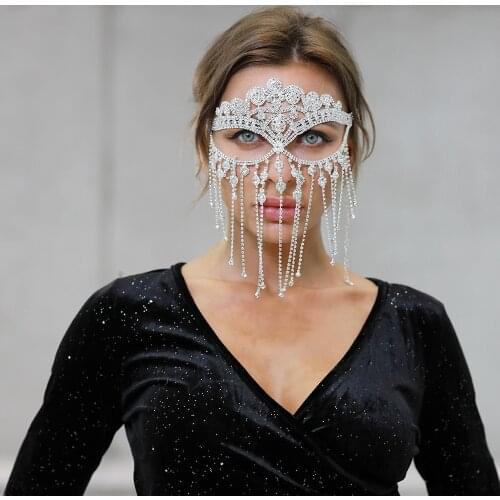 Rhinestone Chain Masks Handmade Tassel Veil Facemask Women 2021 New Masquerade Head Decor Cosplay Nightclub Party Facemask