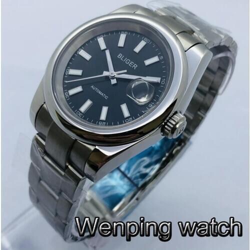 Bliger 39mm Mens New Top Mechanical Watch Silver Case Sapphire Glass Black Dial Date Luminous Automatic Watch