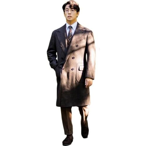 Mens Woolen Overcoat Mid-Length Japan Style Thick Plus Solid Double-Breasted V-Sleeve Jacket Casual Fashion Handsome Coat