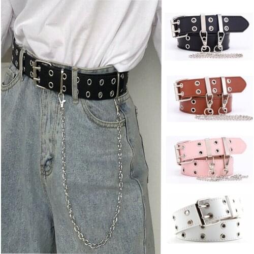 New Punk Style Double Exhaust Eye Ladies Belt Korean Pop Jeans Fashion Chain Imitation Leather Alloy Buckle belt