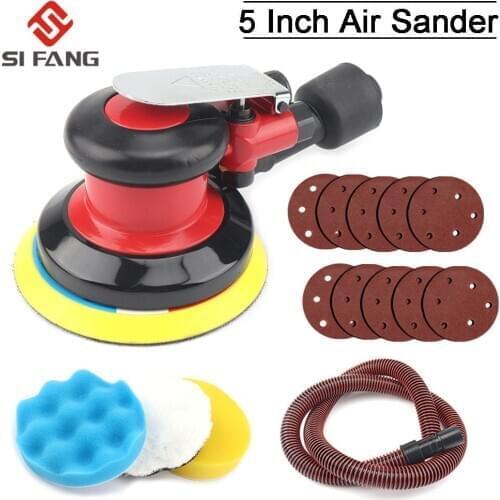 5 Inch Air Random Orbital Palm Sander Polisher Machine for Pad Pneumatic Tool with Dust Collection Hose 125000RPM
