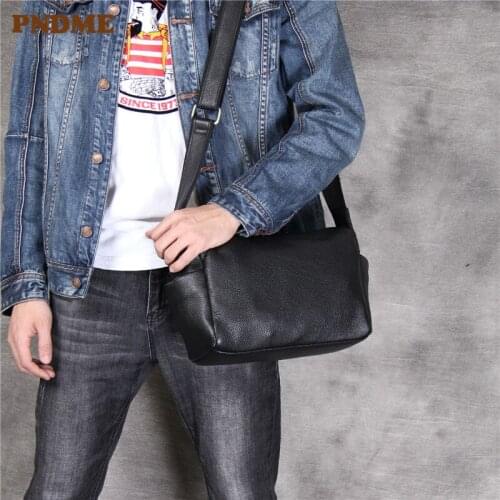 Casual simple natural soft genuine leather mens shoulder bag handmade real cowhide weekend daily work black messenger bag