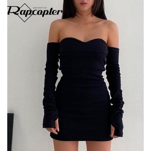 Rapcopter Black Knitted Mini Dress Slash Neck Skinny Short Dress Strapless With Gloves Autumn Party Dress Women Korean Bodycon