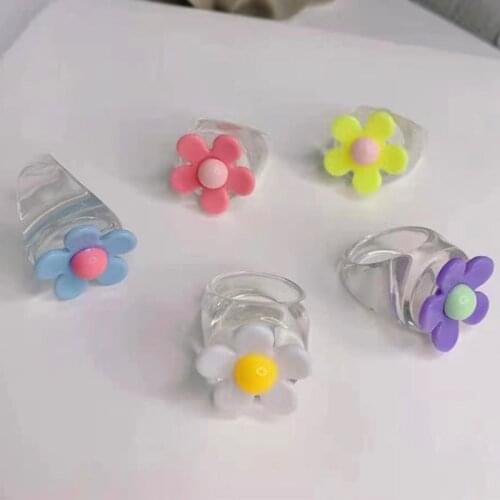Y2K Jewelry Candy Color Flower Rings For Women Acrylic Cartoon Cute Harajuku Vintage DIY Resin Rings Charms 90s Aesthetic New