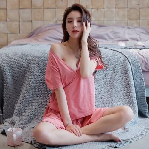 Japanese Deep V Kimono Pajamas Womens Summer Cotton Short Sleeve 2Pcs Set Sexy Nightgown Lace Cardigan Thin Home Wear Sleepwear