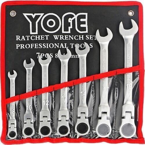 YOFE 7pcs/set 8-19mm Flexible Head Ratchet Handle Wrench Quick Matt Reversible Ratchet Spanner Wrench Set Auto Repair Tools