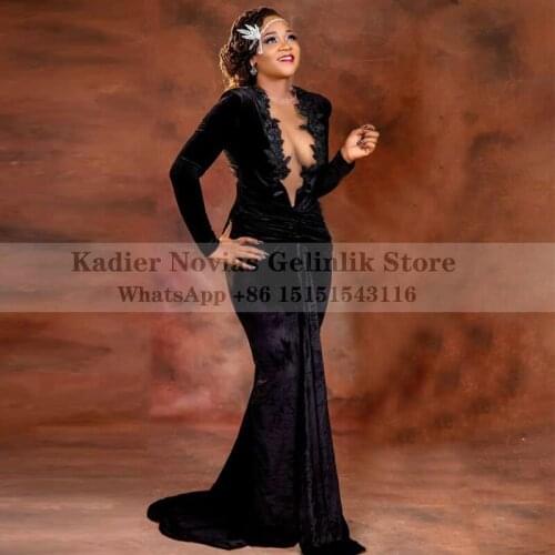 Womens Long Sleeves Black Mermaid Evening Dresses 2021 Velvet for African Black Girls Prom Formal Dress Robe Sirene Soiree