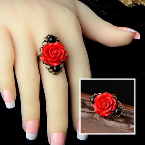 Gothic Style Adjustable Black Red Rose Flower Antique Bronze Rings for Women National Vintage Party Wedding Jewelry Accessories