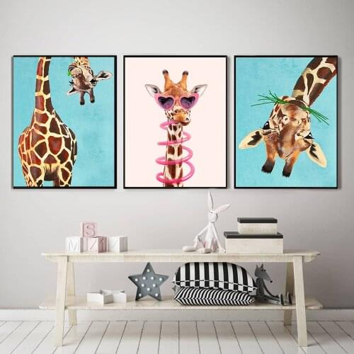 Animal Painting Art Print Illustration Nursery Canvas Poster Giraffe With Leaf And Upside Down Wall Hanging Decor For Kids Room