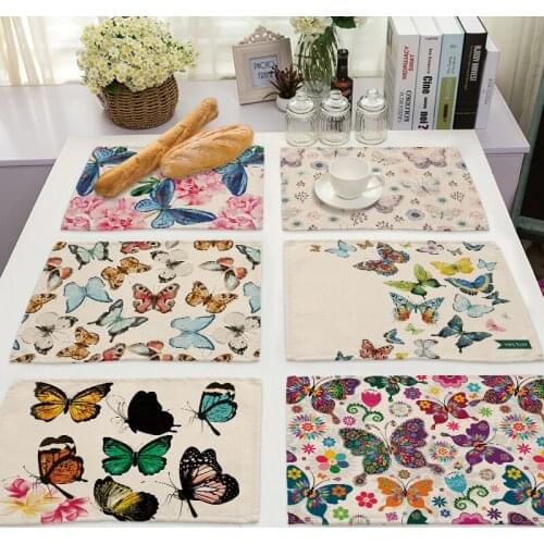 1Pc Tropical Butterfly Cotton Linen Pad Pattern Kitchen Placemat Coaster Bowl Cup Mats Dining Table Mats 42*32cm Home Decor