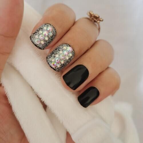 24pcs Hot Sale Fashion Candy Color Crystal Diamond Nail Finishes Fake Nails Short black
